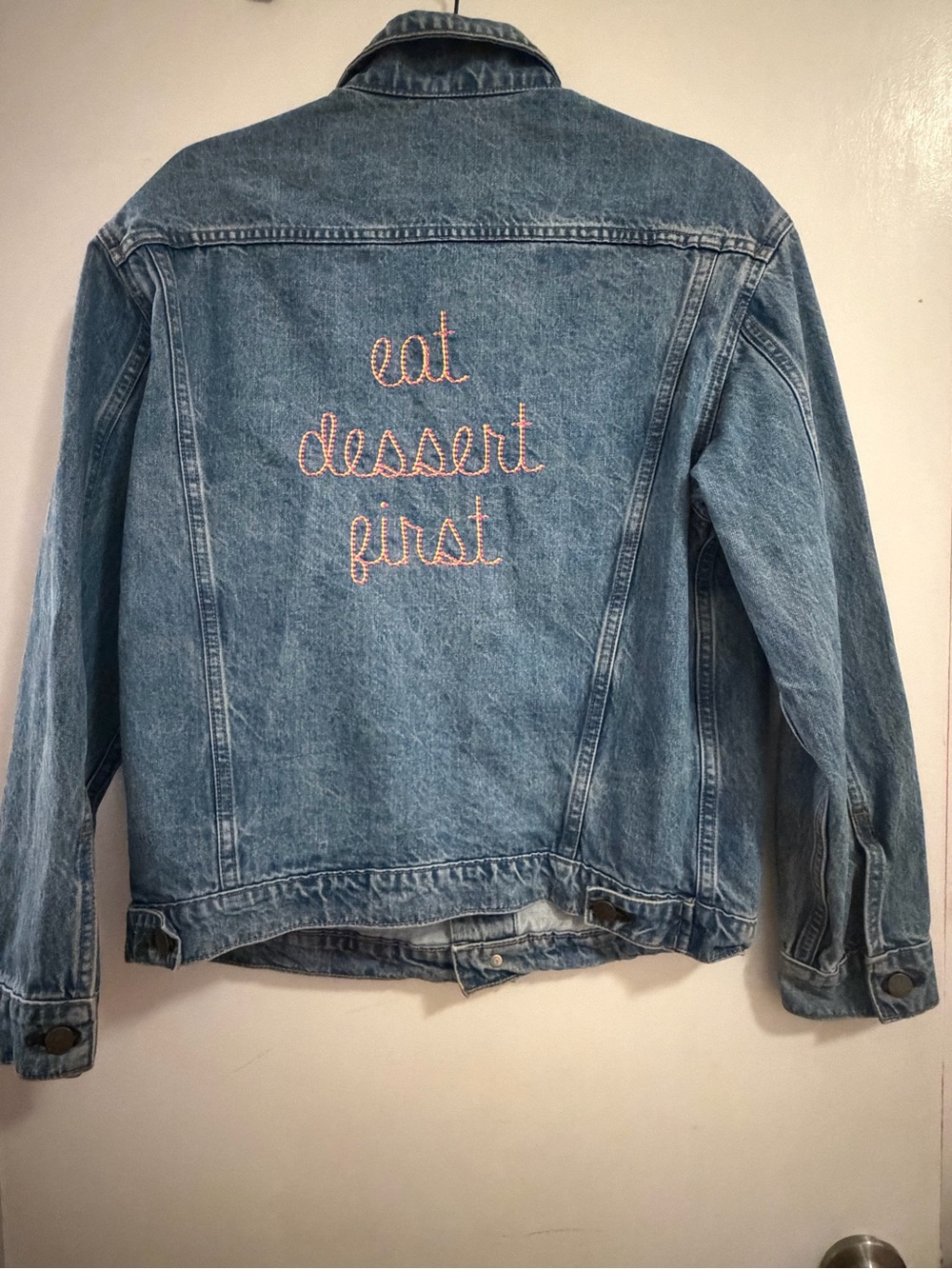 Bow&Drape Light Blue Denim Jacket with 'Eat Dessert First' Embroidery